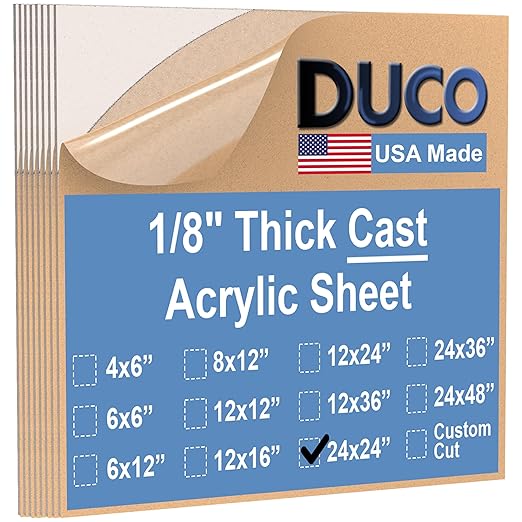 Duco USA-Made Clear Cast Acrylic Sheet 1/8 Inch Thick 24" x 24" - 8 Pack of Transparent Plexiglass Sheet - Lightweight Acrylic Board for Window Replacements, Displays, Signs, and More