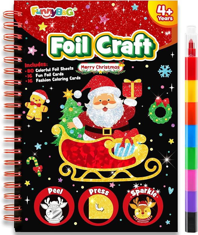 FUNNYB&G Foil Craft Activity for Kids: Foil Art Christmas DIY Toy Kit, No Mess Creative Travel Supply Set, Idea Birthday Christmas Valentine Gift for Girl Boy Children 4 5 6 7 8 9 Year Old
