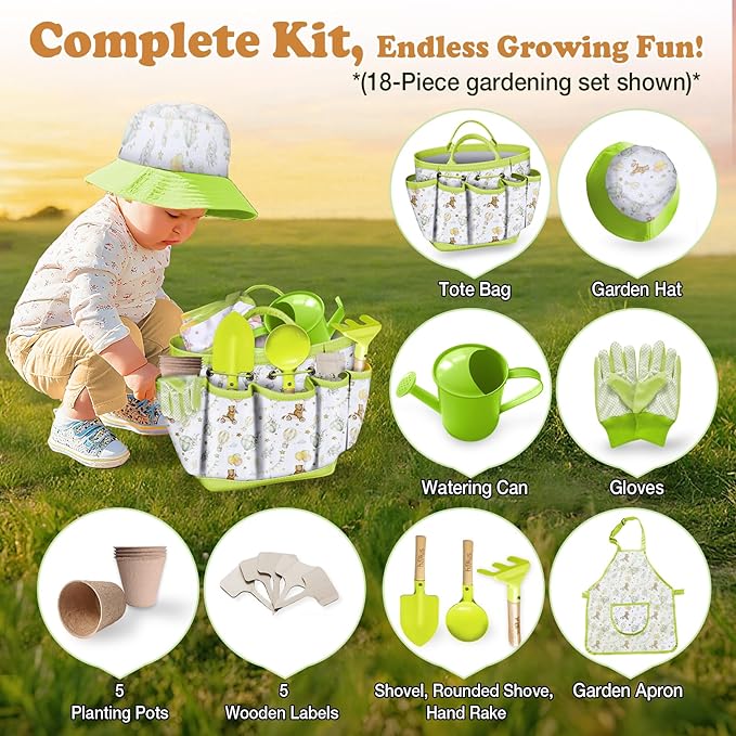 Kids Gardening Tool Set 18PCS Kids Toddler Gardening Set Includes Tote Bag Watering Can Apron Hat Rake Shovel Spoon Gloves Plant Pots and Labels, Outdoor Toys Gift for Boys Girls (Green)