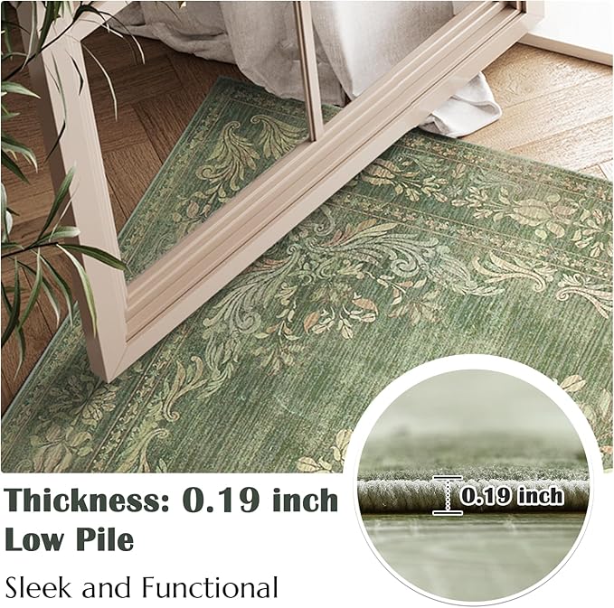jinchan Floral 6x9 Green Area Rugs for Living Room - Machine Washable Vintage Distressed Design Soft Throw Rug Non-Slip Large Carpet for Bedroom Dining Room Home Office Nursery (6x9ft,Dark Green)