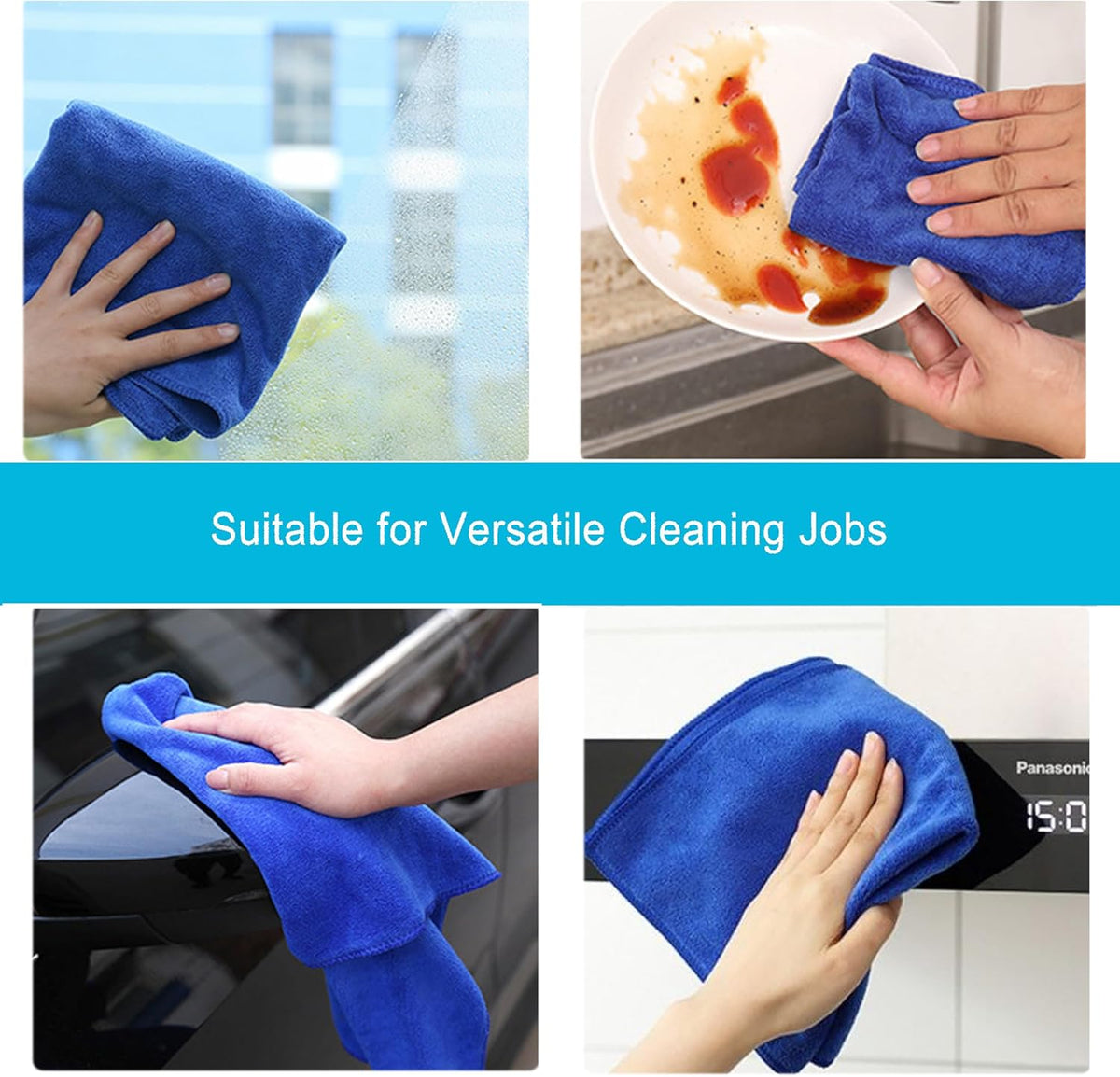 Microfiber Cloth 6Pack Cleaning Rags Absorbant Lint Free Cloth for House, Kitchen, Car, Glass, Stainless Steel, Window, Boat Cleaner-12''x 12''-Blue