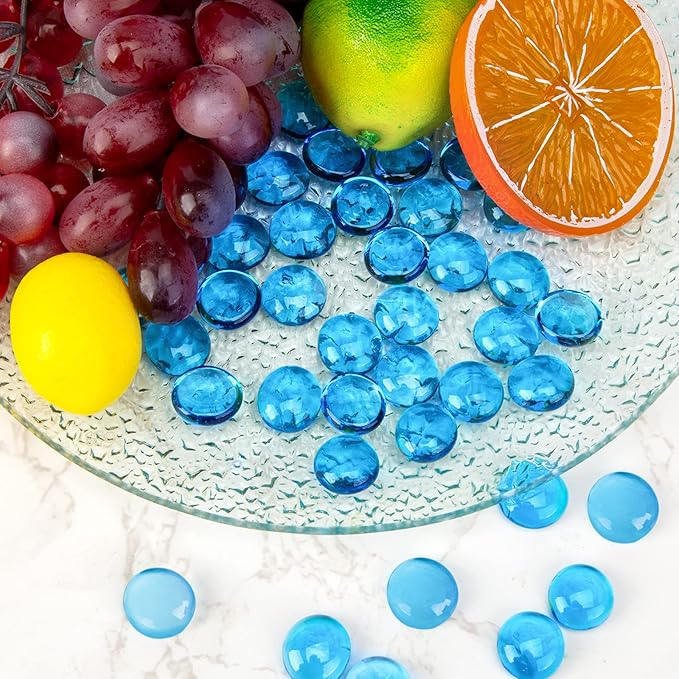 FUTUREPLUSX 5Lb Flat Glass Marbles, Glass Beads Cerulean Flat Gems Aquarium Pebbles Vase Filler Table Scatter Decor