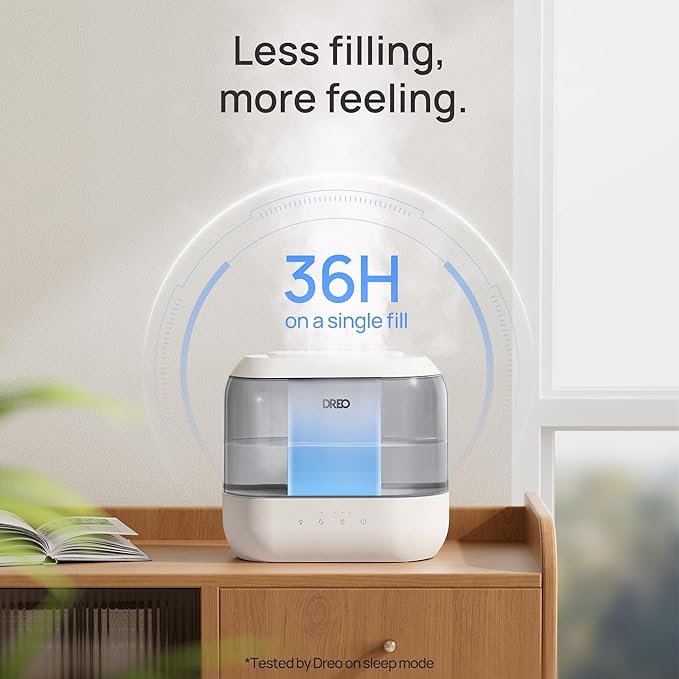 Dreo Top Fill 4L Humidifiers for Bedroom, 36H Runtime, 28 dB Quiet Cool Mist Supersized Air Humidifier for Large Room, Plants, Baby Nursery, Indoor, Night Light, Easy to Clean & Fill, Gray