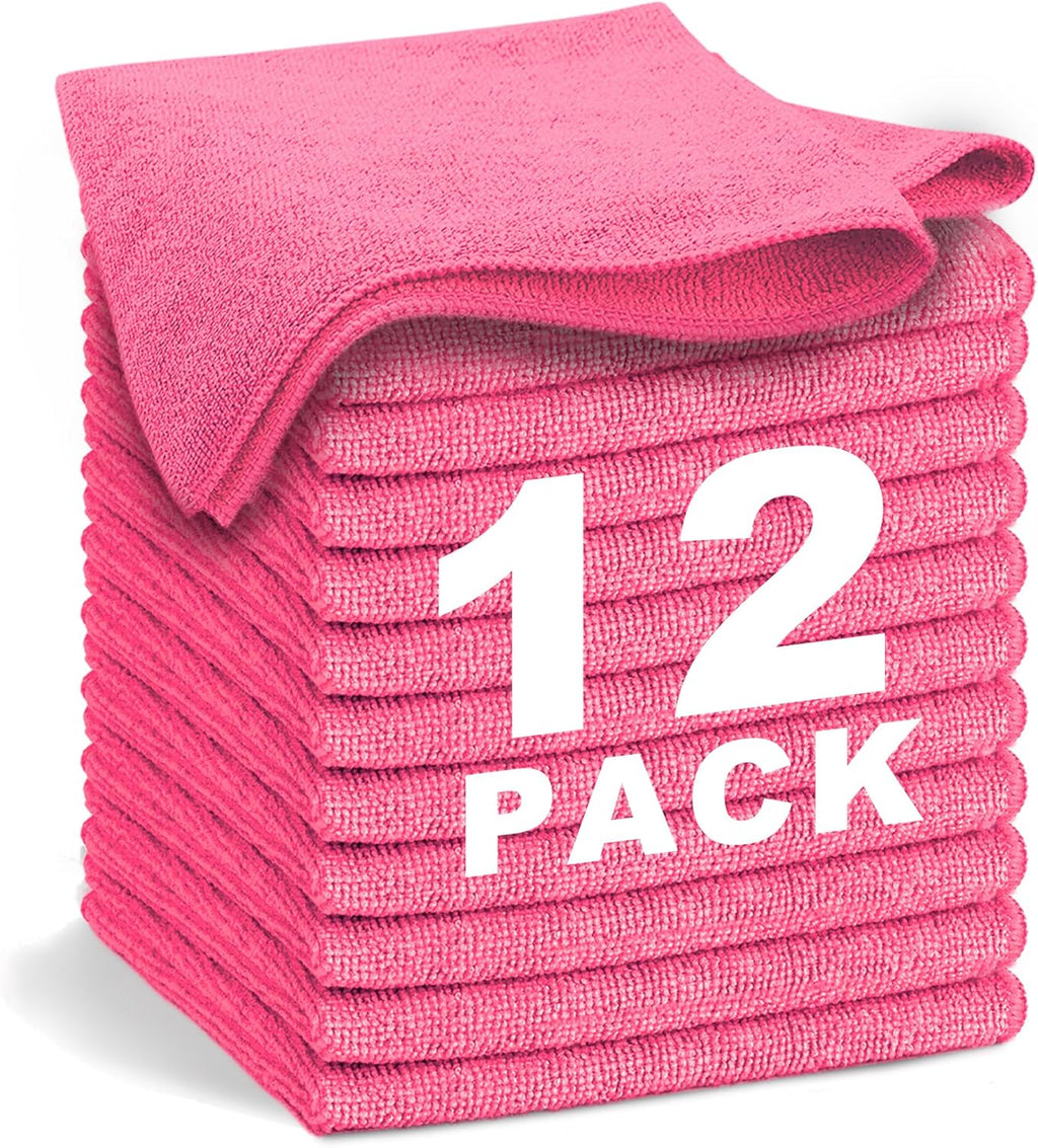Pink Microfiber Cleaning Cloth 13"x13", Ultra Soft Absorbent Microfiber Cleaning Rags for Housekeeping Cleaning Supplies, Lint Free Reusable Cleaning Cloths for House Washable, Pack of 12