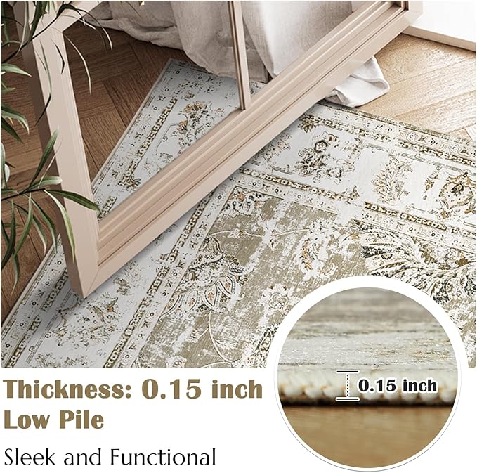 jinchan 6x9 Area Rugs for Living Room - Machine Washable Vintage Floral Distressed Design Stain Resistant Boho Carpet Ultra-Thin Low Pile Non-Slip Rug for Bedroom Dining Room Home Office (6‘x9',Taupe)