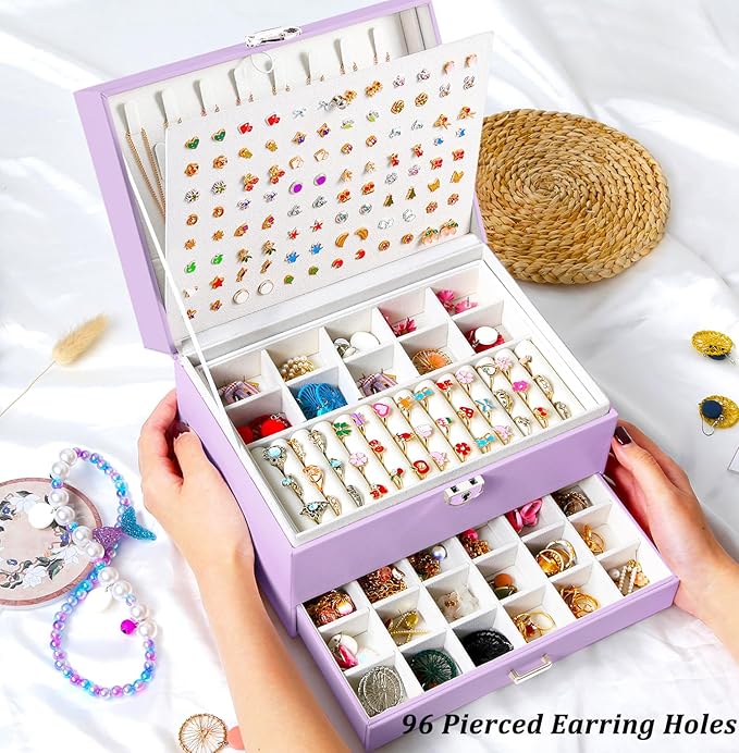 Earrings Jewelry Box for Girls, 5 Layers Jewelry Organizer with Earring Holder Organizer for Girls Earring Organizer Jewelry Boxes for Women Earrings and Necklaces Jewelry Box Organizer Violet