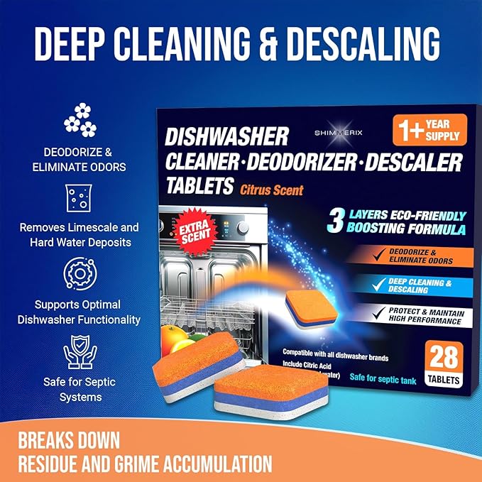 Dishwasher Cleaner Deodorizer Descaler Tablets - 28 Tabs - 1 Plus Year Supply - Extra Scented Deep Cleaning Sanitizer Pods - Remove Hard Water - Contain Citric Acid Heavy Duty Septic Safe - Citrus