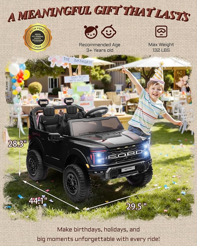 24V Ride on Toys for Big Kids, Licensed Ford F-150 Raptor 2 Seater Kids Ride on Car w/Remote Control, Toddler Electric Car w/LED Lights, Bluetooth, Truck Bed Storage, Soft Start (Black)