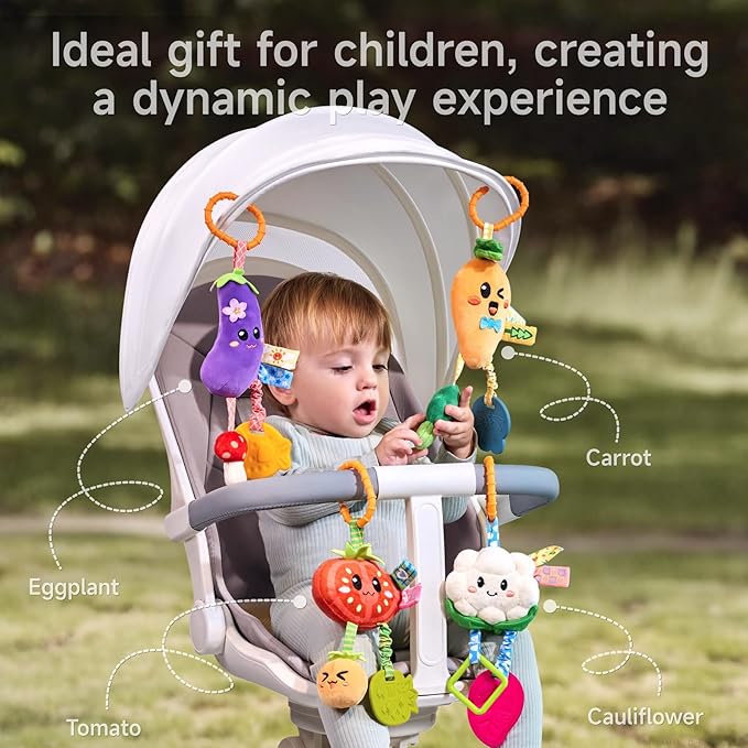 TUMAMA Hanging Vegetable Plush Toy Set, 4 Different Vegetable Crib Stroller Toys, Early Baby Cognitive Sensory Rattle Hanging Toy with Teether. Suitable for Babies 0, 3, 6, 9, 12 Months