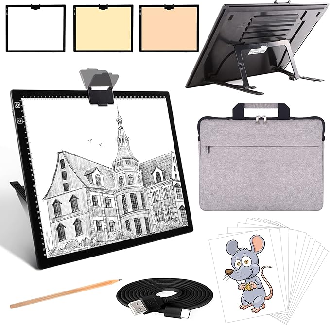 Elice Rechargeable A3 Light Pad with Carry Bag, Top Clip, Foldable Stand, 3 Colors/ 6 Levels/Stepless Dimmable Brightness Wireless tracing Light Box/Board for Diamond Painting, Cricut Weeding Vinyl