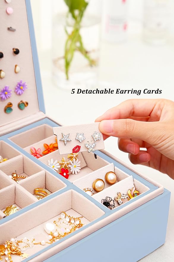 Girls Jewelry Box Earring Holder Organizer for Girls Jewelry Organizer Box Stud Earrings Organizer for Girls Womens Blue Jewelry Box for Earrings and Necklaces Rings Stud Earrings Box for Teen
