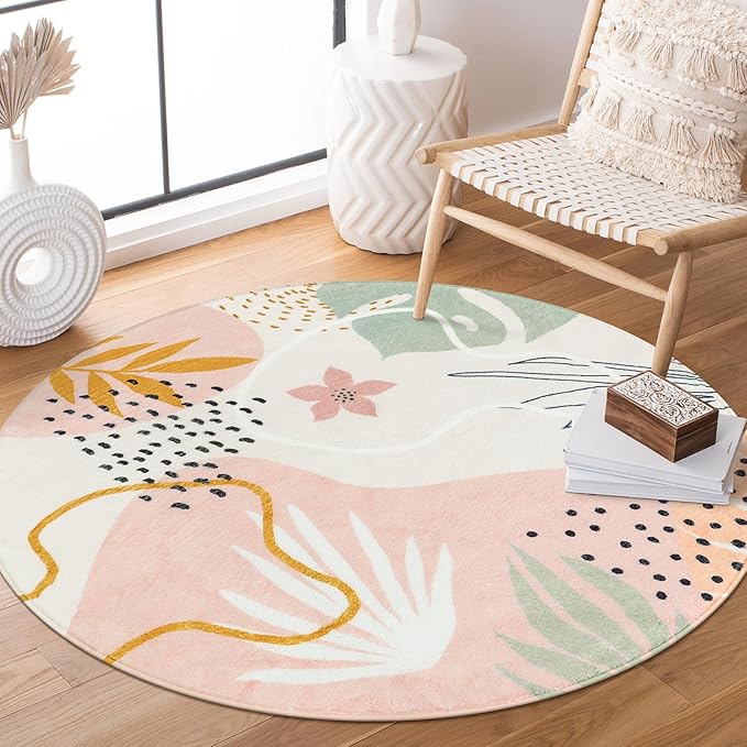 Lahome Pink Round Area Rug - 4Ft Washable Non-Slip Small Circle Boho Throw for Bedroom, Low-Pile Soft Cute Nursery Girls Room, Botanical Print Indoor for Dorm Bathroom