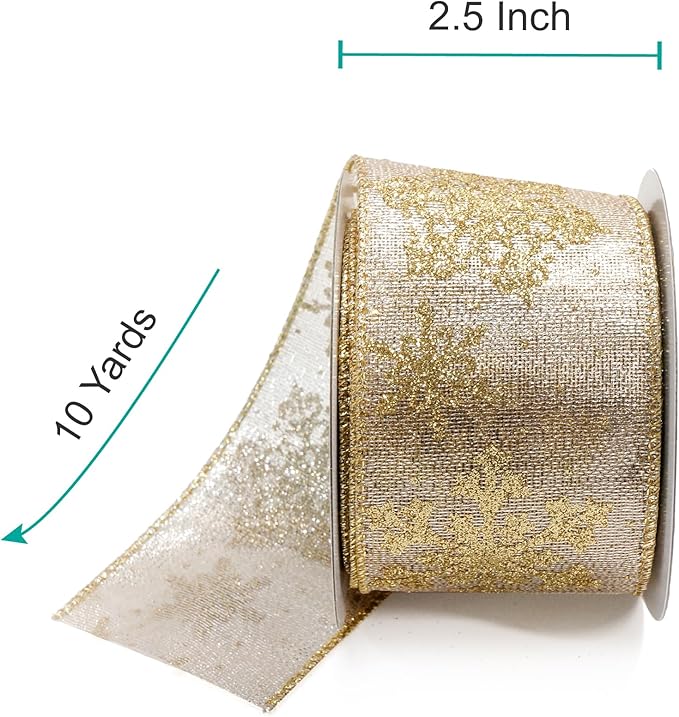 CT CRAFT LLC Champagne Gold Metallic Fabric with Gold Snowflake Wired Ribbon 2.5 Inch x 10 Yards for Christmas Home Decor Tree Topper Bow Gift Wrapping DIY Crafts Wreath Garland