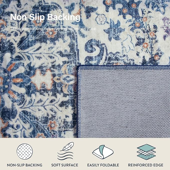 Lahome Bohemian Washable Round Rugs 6ft, Large Circle Rug for Living Room Bedroom, Soft Non-Slip Non-Shedding Loe Pile Printed Indoor Carpet for Kitchen Dining Room Office, Blue Purple/Multi