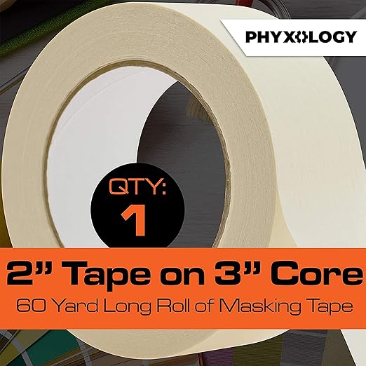 No-Residue 2 Inch 60 Yard Masking Tape 1 Pk. Easy-Tear Pro-Grade Removable Painters Tape Great for Home, Office or Commercial Contractor. Clean Drip-Free Painting with Wide Crepe Paper Rolls.