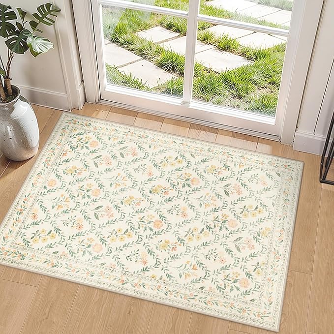 Entryway Rug 2X3 Small Rugs: Floral Washable Door Mat Vintage Soft Low Pile Non-Slip Kitchen Rugs Stain Resistant Indoor Throw Rug for Entrance, Bedroom, Kitchen, Laundry, Bathroom Beige/Multi