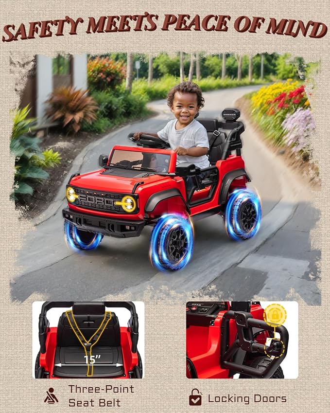 Ford Bronco Raptor Licensed 12V Ride on Toys, Kids Ride on Car with Remote Control, Electric Car for Toddler with Smooth Start, Openable Doors, MP3 Player, 3 Speeds (12V, Red)