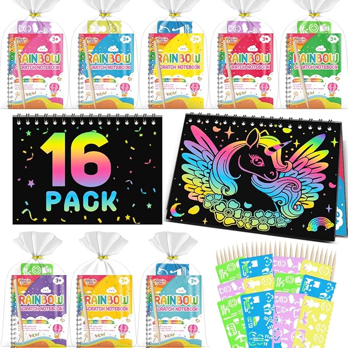 Kids Scratch Art Party Favors Gifts: 16 Pack Rainbow Scratch Notebook Paper Birthday Party Favor Toy Girls Boys Art Craft Kit Summer Classroom Goodie Bags Return Gifts for Birthday Party Favors Bulk
