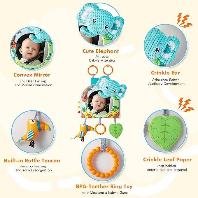 Car Seat Toy, Baby Car Mirror for Rear Facing, Travel Baby Activity Center with Hanging Engaging Toys for Infants Babies 0-6-12-18 Months Boy Girl
