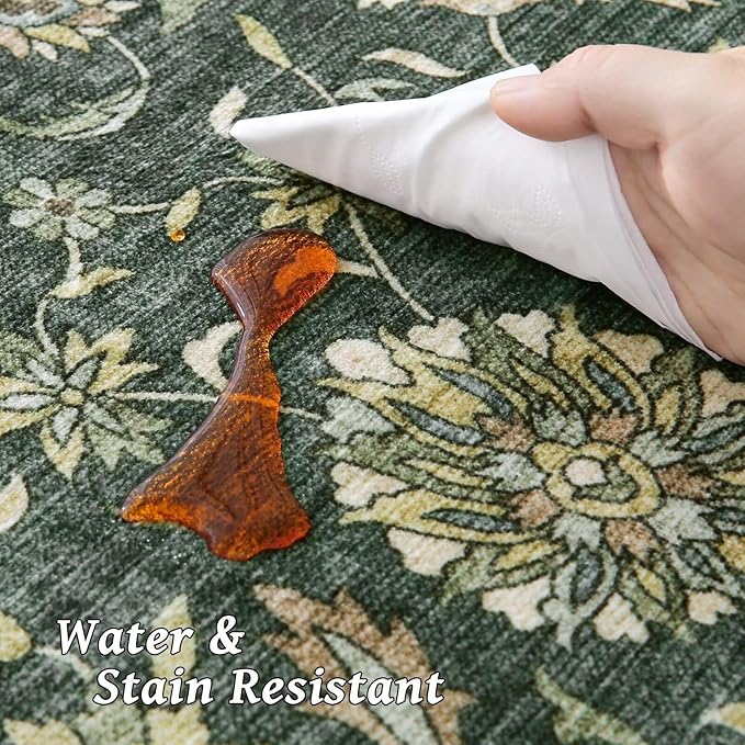 Washable 8x10 Area Rugs for Living Room, Boho Non-Slip Silicone Backing Rugs for Bedroom Dining Room Nursery Office, 0.3" Neutral Oriental Throw Carpet with 0.16" Cushioning Pad, Sage Green/Multi