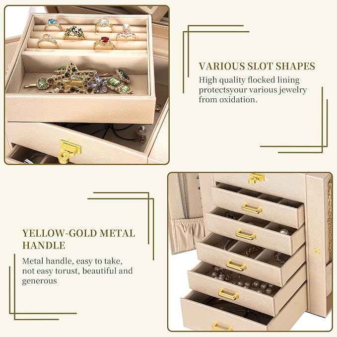 AKOZLIN 6-Tier Jewelry Box Organizer Functional Leather Jewelry Storage Case for Women Girls Ring Necklace Earring Bracelet Holder Organizer with Mirror