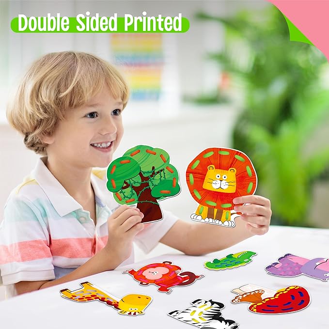 9 Pieces Lacing Cards, Double Sided Sewing Cards in 9 Jungle Animals with 9 Colorful Laces, Imagination Development Lacing Toys Games Educational and Learning Activity for Preschoolers, Kids