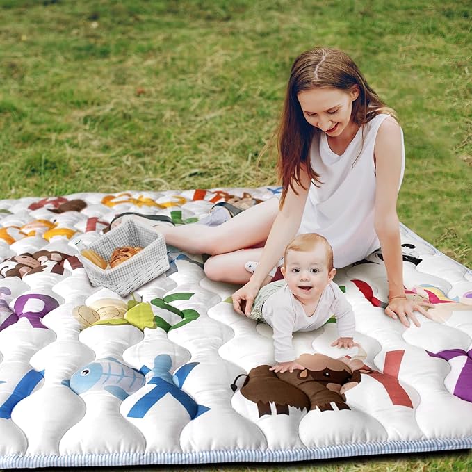 Baby Play Mat, 50x50 Playpen Mat with Super Soft Touch, Activity Mats with Upgraded Anti-Slip Bottom, Machine Washable Crawling Mats for Floor & Picnic (Animal Alphabets)