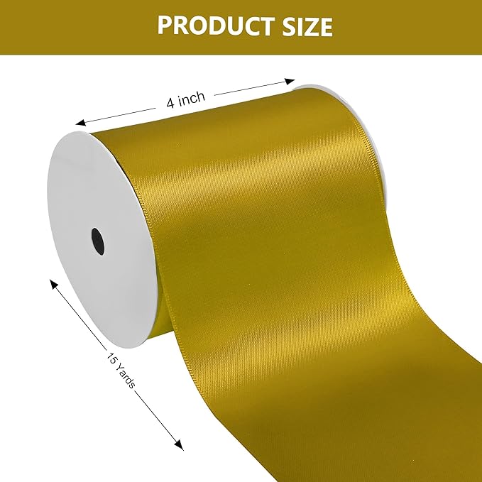 Gold Satin Ribbon 4 Inch X 15 Yards Solid Color Double Faced Ribbons Perfect for Crafts Wedding Decor Bow Making Arts Sewing and More