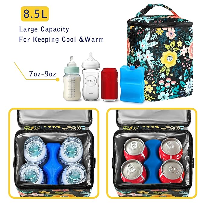 Breastmilk Cooler Bag with Ice Pack Fits Up to 9oz Bottles - Insulated Baby Bottle Cooler with Strap - Nursing Mom & Daycare Travel