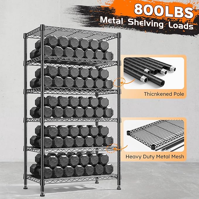 REIBII 6-Tier Metal Shelving Unit Storage Shelves, Sturdy Wire Shelving Adjustable Deep Pantry Shelves Load 800LBS Dorm Storage Shelves for Kitchen Pantry Closet,13.8" D x 21.5" W x 70.5" H