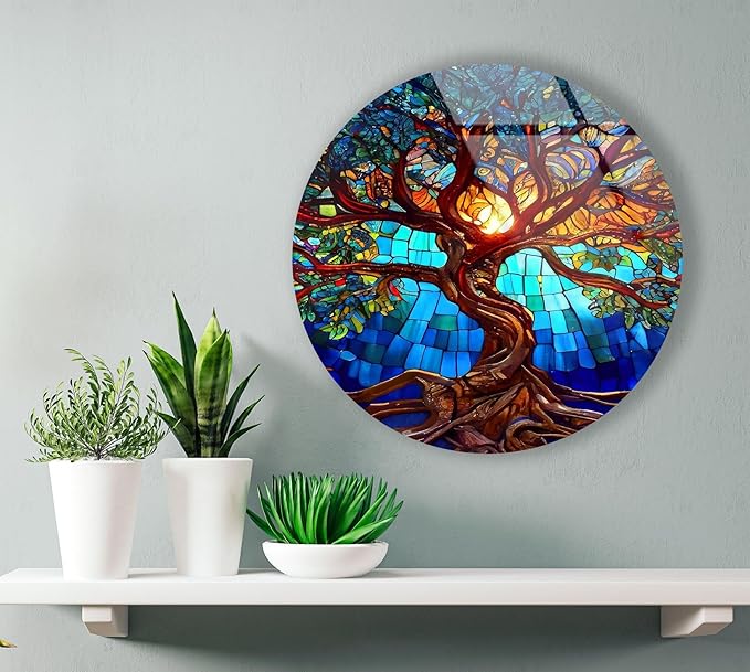 My Photostation.com 48Wx32H'' Stained Blue Life of Tree Glass Wall ArtTempered Glass Printing Wall Decor Large Wall Art Wall Hangings