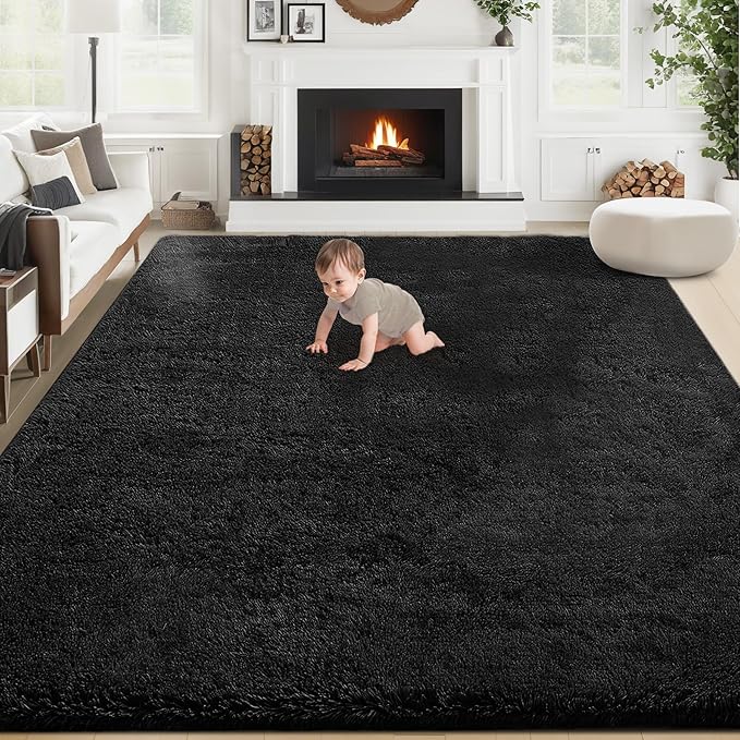 8x10 Area Rug for Living Room: Fluffy Shag Soft Washable Rugs Large Fuzzy Plush Indoor Carpet for Bedroom Nursery Playroom Kids Girls Boys Room (Black, 8'x10')