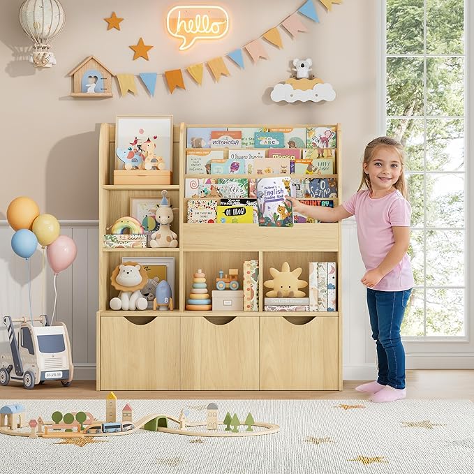 FOTOSOK 47'' Kids Bookshelf with Toy Storage, Multifunctional Bookcase with 5 Storage Cubbies and 3 Movable Drawers, Toy Storager Display Stand, Toy Organizer and Storage for Playroom,Bedroom, Natural
