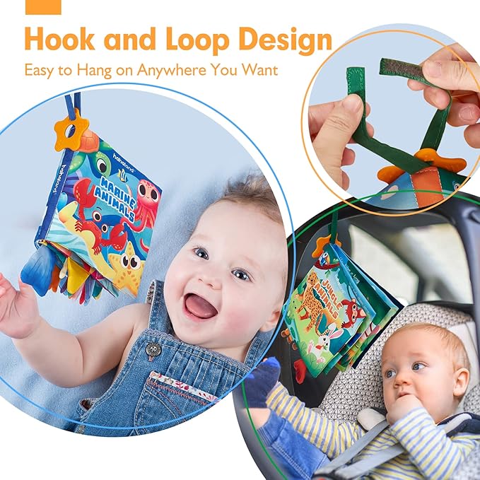 hahaland Baby Books 0-6 Months - 2 PCS Sensory Montessori Toys for Babies 0-6 Months with Crinkle Squeaky Sounds, Mirrors, Teethers - Soft Cloth Tummy Time Book Newborn Infant Toys