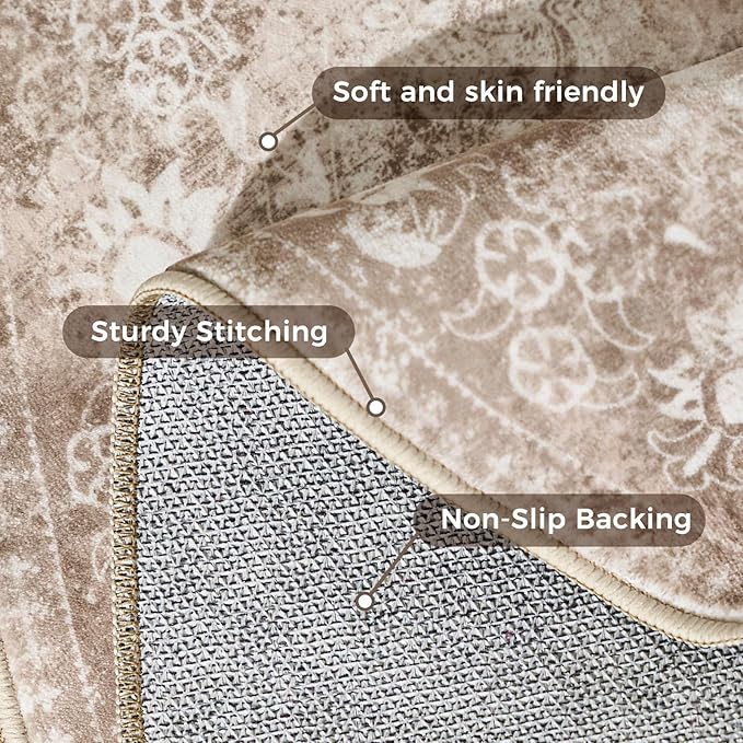 jinchan Round Rug 8ft Area Rug - Brown Vintage Floor Mat Kitchen Indoor - Washable Circle 8' Thin Floral Print Carpet Retro Farmhouse Non Slip Dining Room Living Room Bedroom Office