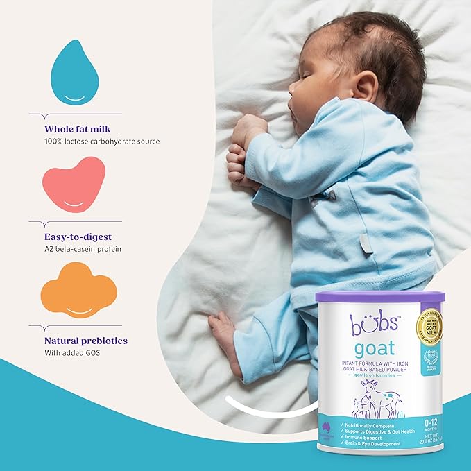 Bubs Whole Goat Milk Formula with Iron, Goat Milk-Based Powder, for Infants 0-12 Months, Made with Non-GMO Goat Milk, 20 oz