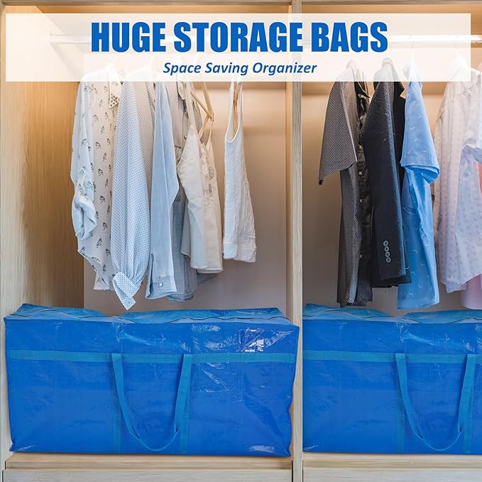 4 Pcs 96 Gallon Large Moving Bags with Zipper and Handles Foldable Storage Duffle Bags Heavy Duty Extra Large Totes for College Dorm Travel Clothes Blankets Bedding Moving (Blue)