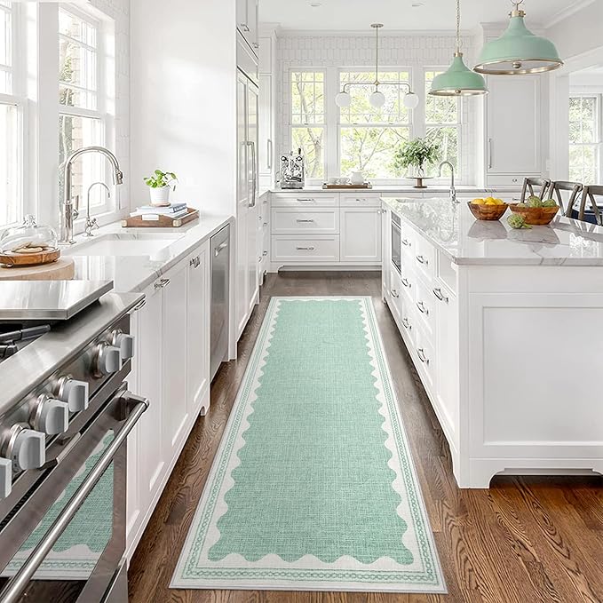 Scalloped Rug 2x6 Runners for Hallways, Solid Green Runner Rug Non Slip Scalloped Bath Runner, Washable Rugs for Bedroom Girls, Rugs for Kitchen Floor Soft Dorm Nursery Carpet for Bedside