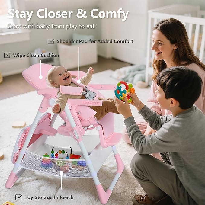Kinder King Convertible Baby High Chair, Adjustable Feeding Chair for Babies and Toddlers with Removable Double Tray, Simple Compact Fold for Space-Saving, 2 Built-in Wheels, Easy to Clean, Pink
