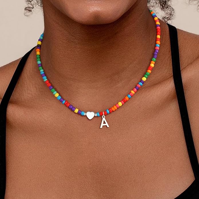 Colorful Initial Necklaces for Girls Women Kids - Teen Girls Gifts Trendy Beaded Initial Necklace Dainty Letter Gifts Choker Necklace for Girl Jewelry