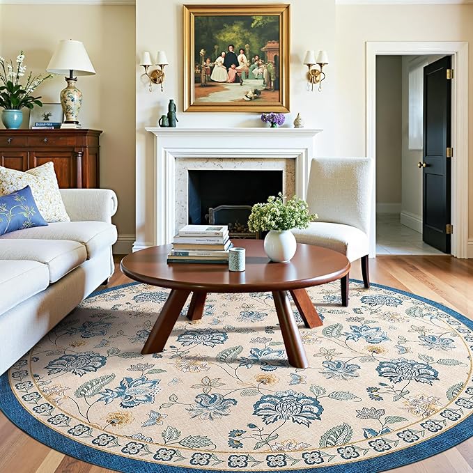 jinchan 8ft Floral Round Rug for Dining Room Washable Living Room Rug Vintage Romance Design Non Slip Indoor Floor Cover Lightweight Low-Profile Throw Carpet for Bedroom Porch Patio, Blue/Beige
