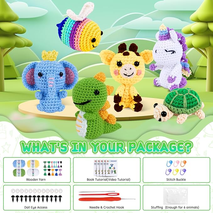 QYGYMXC 6PCS Crochet Kit for Beginners, Knitting Kit with Step-by-Step Video Tutorials, Beginner Crochet Kit for Adults, Crochet Animal Kit for Beginners Kids, Complete Kit Included 6 Cute Animals
