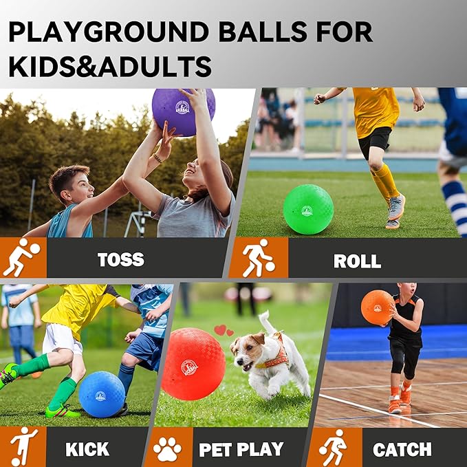 10 Inch Kickball Playground Balls 6 Pack or 12 Pack, Playground Balls for Kids&Adults, Dodgeballs for School Outdoor&Indoor Games, with Hand Pump and Storage Bag, Boys and Girls Gift with Gift Box
