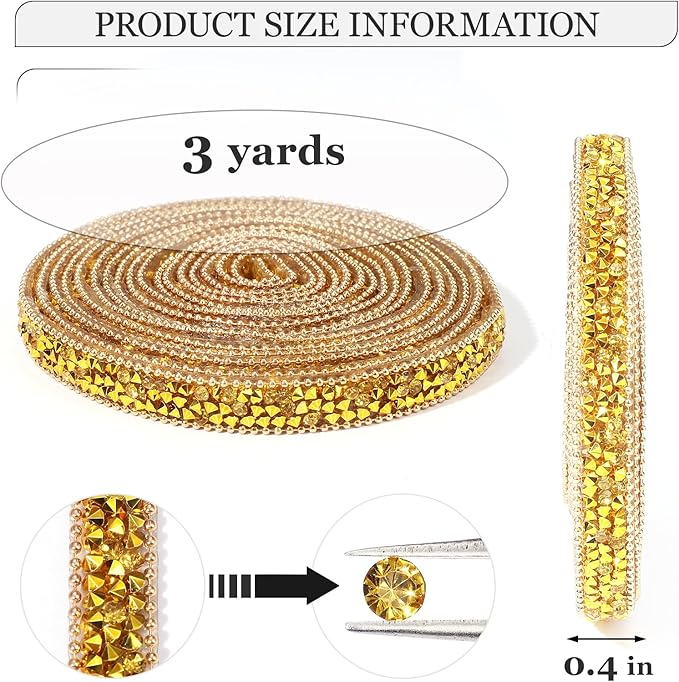 Rhinestone Ribbon 3 Yards Self Adhesive Rhinestone Strips Diamond Ribbon Sticker Crystal Roll Glitter Bling Rhinestones Tape for Crafting DIY Art Decoration (Gold,0.4 Inch)