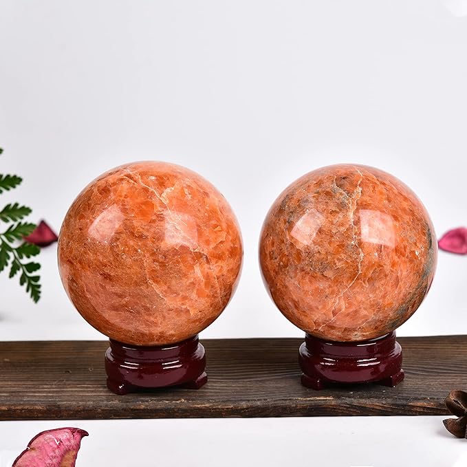 JIC Gem Sunstone Healing Crystals Sphere Ball Natural Rare Sparkling Crystal Sphere Ball Mineral Quartz Stone Ball with Decorative Stand Home Decoration (70-80mm)