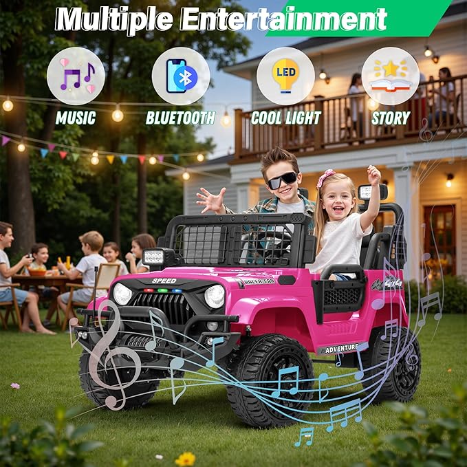 2 Seater Ride On Car Truck with Remote Control XL, Kids 24V Battery Powered Electric Vihicle w/21 in Seat, 3 Speeds, 2WD/4WD Switichable, Shock Absorbers,Bluetooth, Flower, Gift Choice