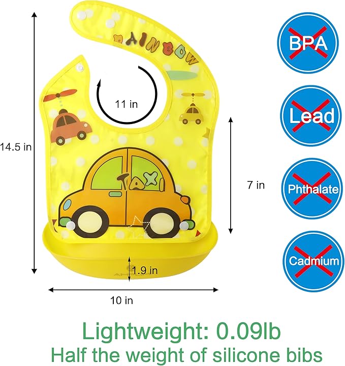 Amplim Baby Feeding Bib (3-Pack) Toddler/Baby Bibs for Eating. Waterproof, Adjustable, Lightweight. Eco-friendly PEVA material. BPA, Lead, Phthalate, Cadmium free