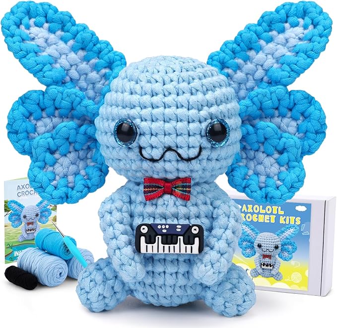 Pnytty Crochet Kit for Beginners, Crochet Animal Kits for Starters with Step-by-Step Video Tutorials, Blue Axolotl Knitting Kit with Easy-to-See Stitches Yarn, Crochet Hooks for Adults Easy Craft