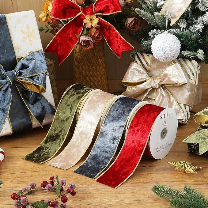Champagne Christmas Velvet Ribbon Wired (2.5" × 15 Yards) - Christmas Ribbon for Christmas Tree Decoration/Gift Wrapping/Crafts Wreaths Supplies
