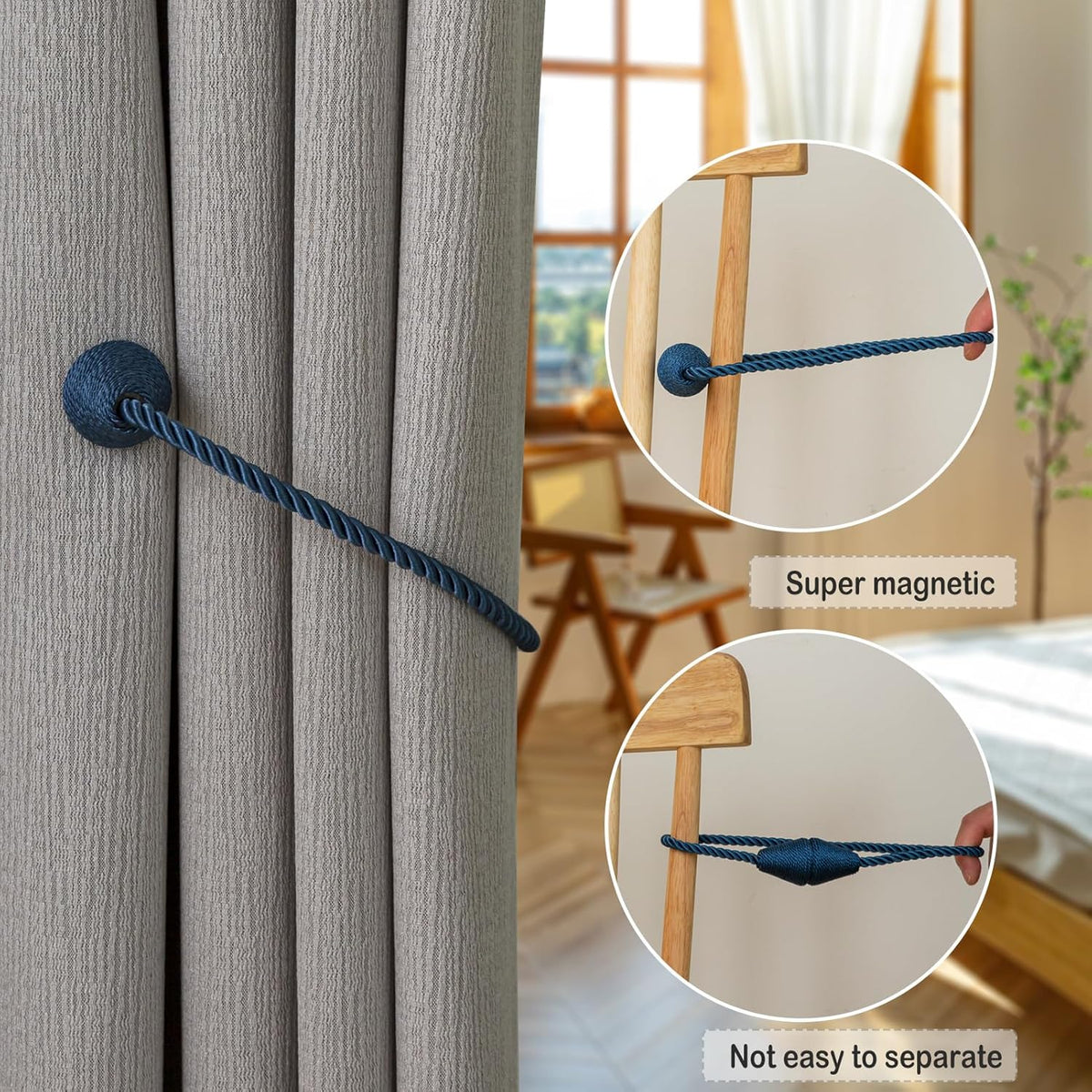 Magnetic Curtain Tiebacks 4 Pack Outdoor Rope Curtain Tie Backs Decorative Window Treatment Holdbacks for Home Decorative Curtain, Blue